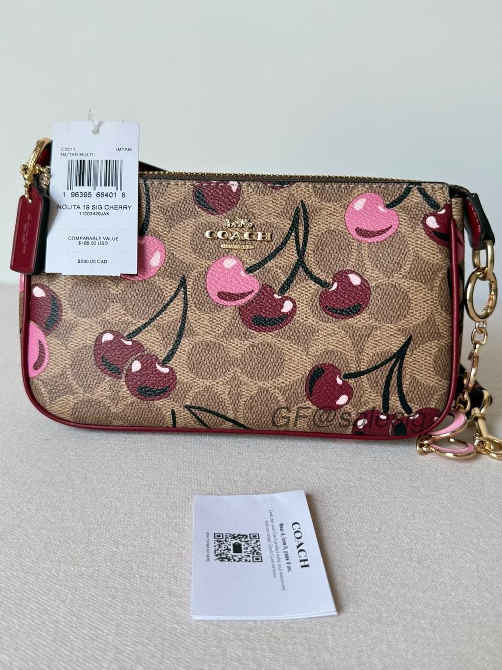 NWT Coach Nolita 19 Cherry Print Wristlet Small Bag Tan/Gold + Chain Extender - Picture 7 of 10